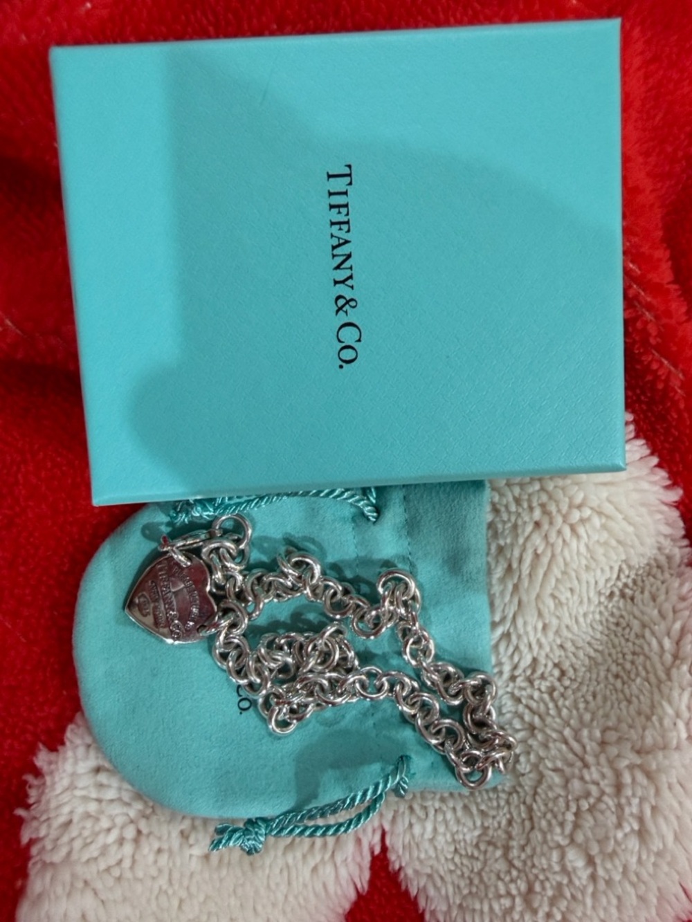 Tiffany & Co. Silver Heart Tag Charm Bracelet with Blue Pouch